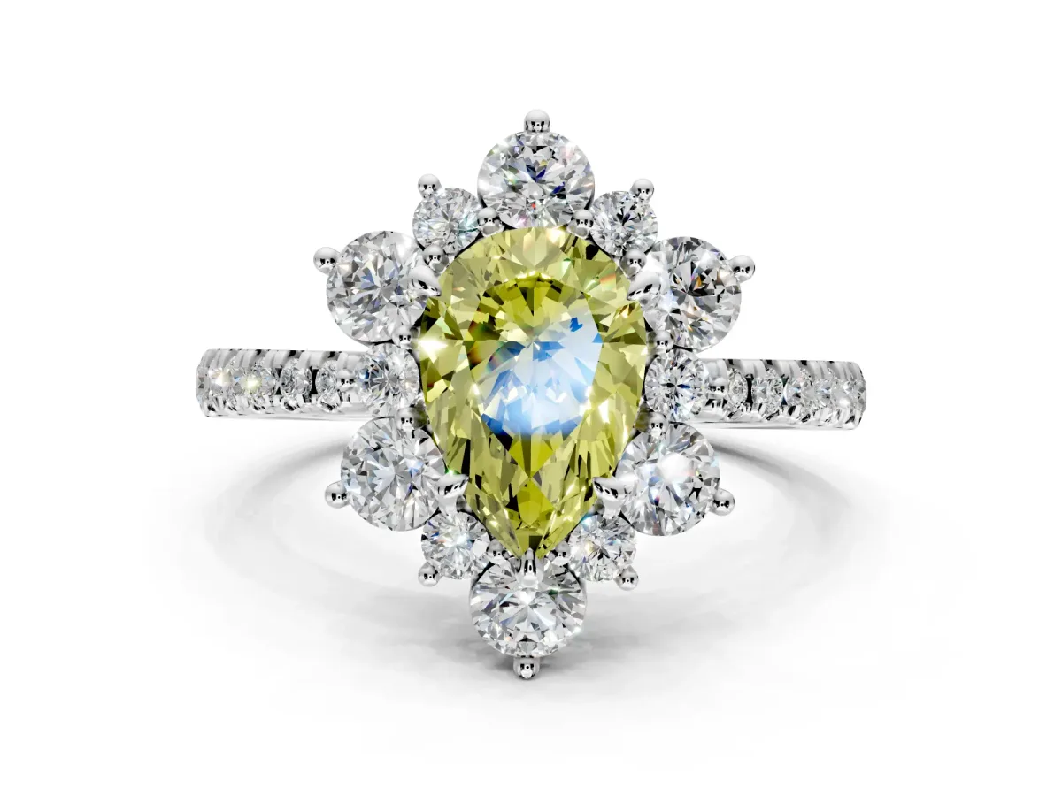 Floral Halo Engagement Ring Setting for Fancy Yellow Pear-Shaped Center with Pave Accents and Prong Head in Sterling Silver