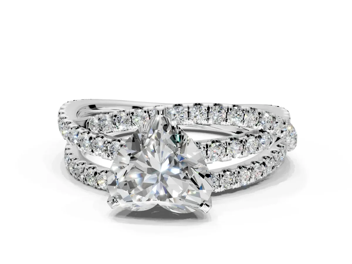 Solitaire Engagement Ring Setting for Heart-Shaped Center with Woven 3-Strand Pave Band and Prong Head in White Gold
