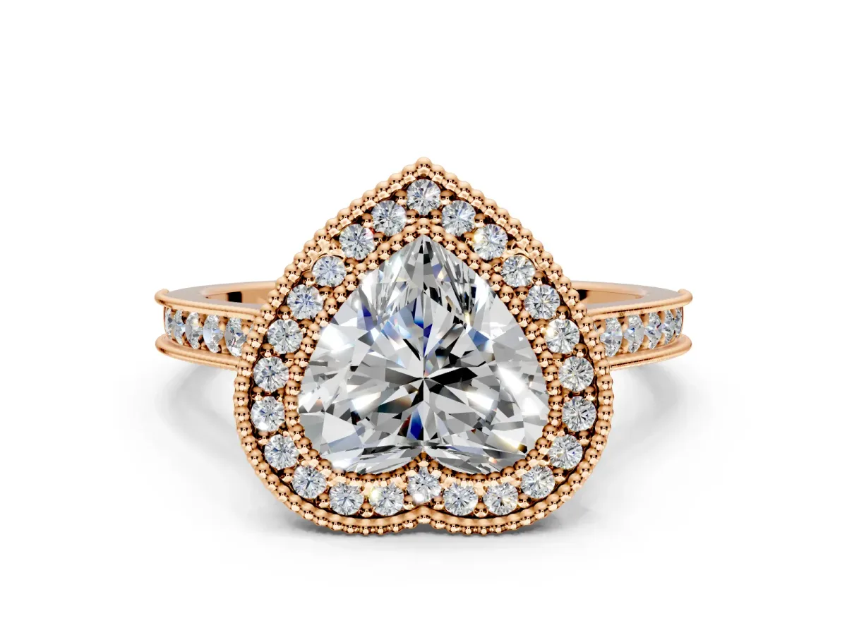 Halo Engagement Ring Setting for Heart-Shaped Center with Milgrain Pave Band and Bezel Head in Rose Gold