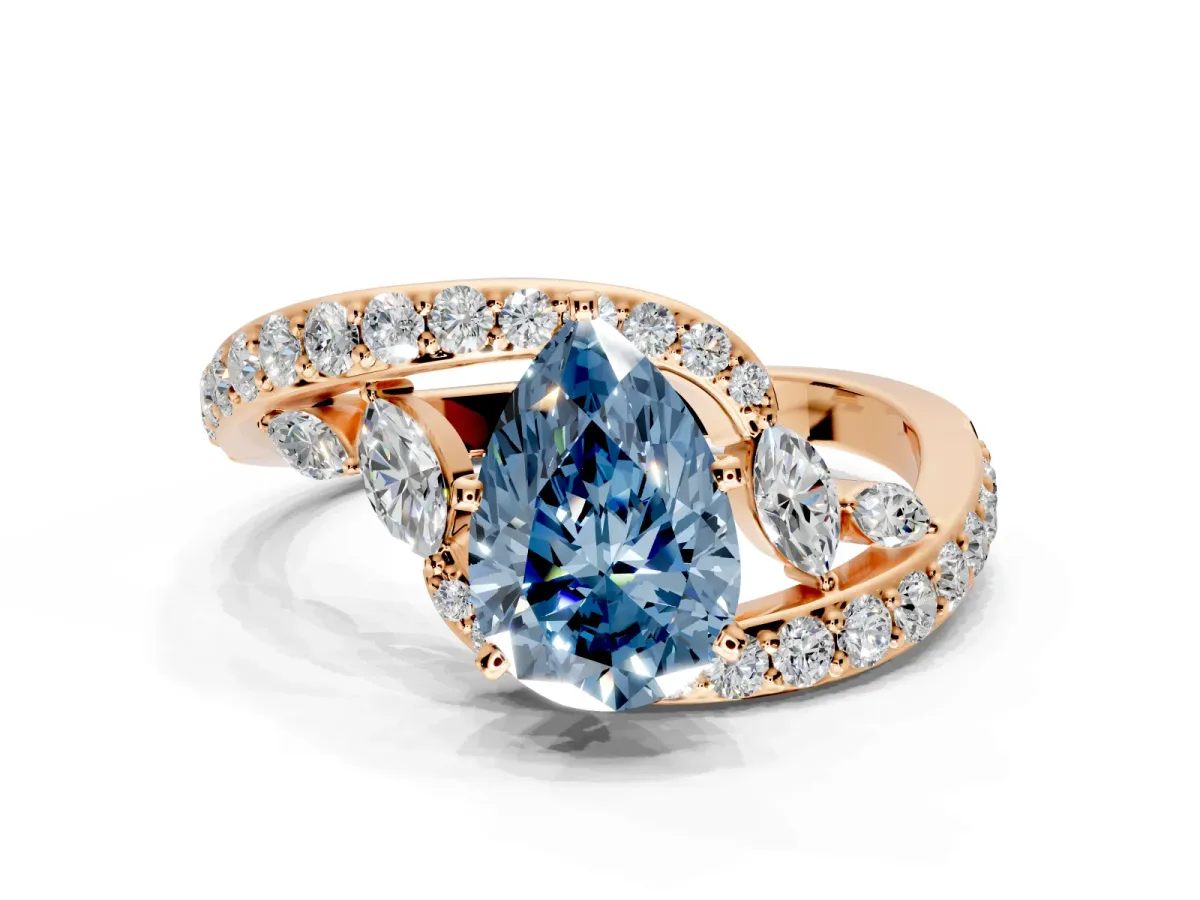 Solitaire Engagement Ring Setting for Fancy Blue Pear-Shaped Center with Pave Bypass Twist Band and Prong Head in Rose Gold