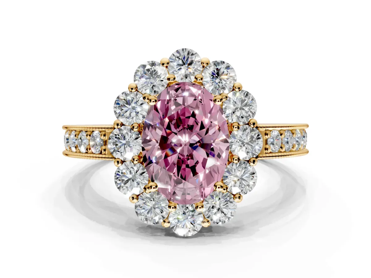 Halo Engagement Ring Setting for Fancy Pink Oval Center with Milgrain Channel Band and Prong Head in Yellow Gold