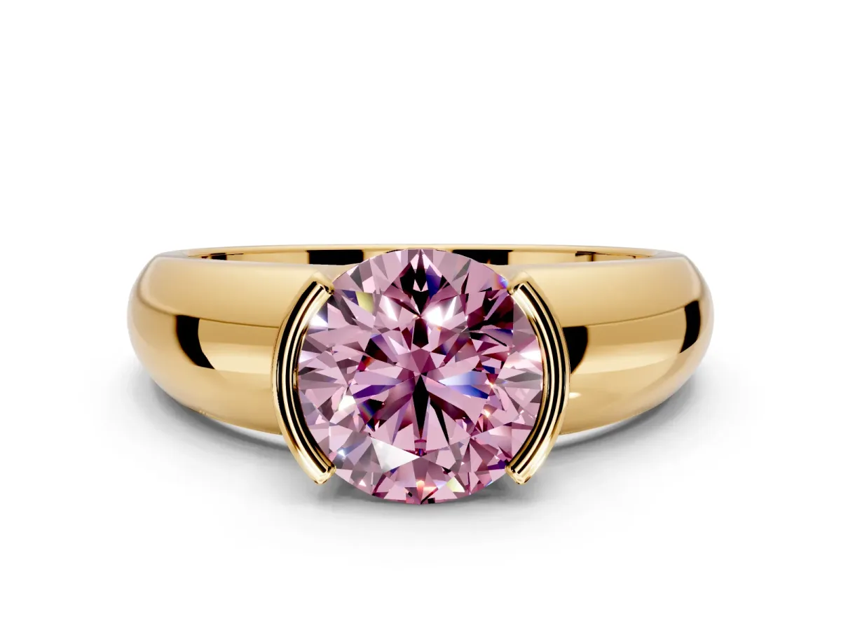 Tension Engagement Ring Setting for Fancy Pink Round Cut Center with Wide Flat Band and Tension Head in Yellow Gold