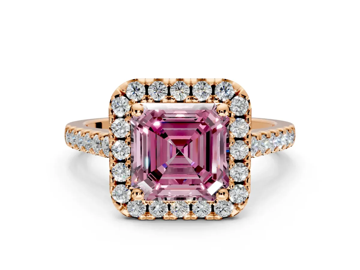 Halo Engagement Ring Setting for Fancy Pink Asscher Cut Center with Raised Halo, Pave Band and Prong Head in Rose Gold
