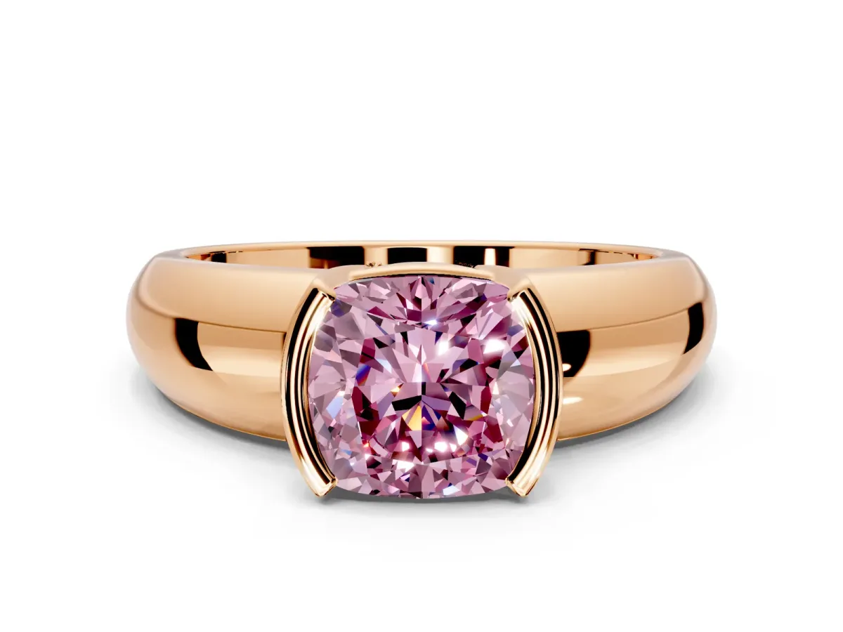 Tension Engagement Ring Setting for Fancy Pink Cushion Cut Center with Wide Flat Band and Tension Head in Rose Gold