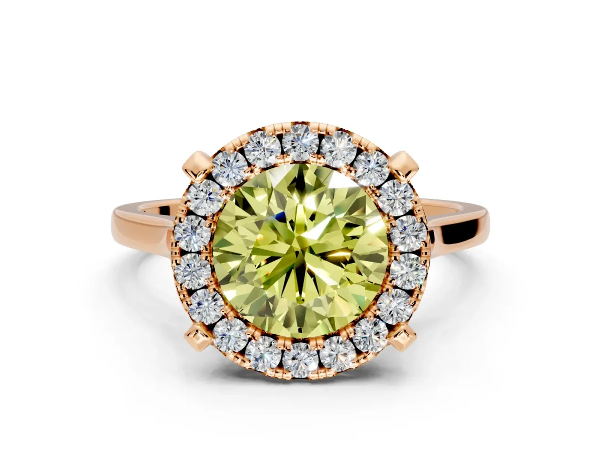 Single Halo Engagement Ring Setting for Fancy Yellow Round Cut Center with Corner Claws, Plain Band and Prong Head in Rose Gold