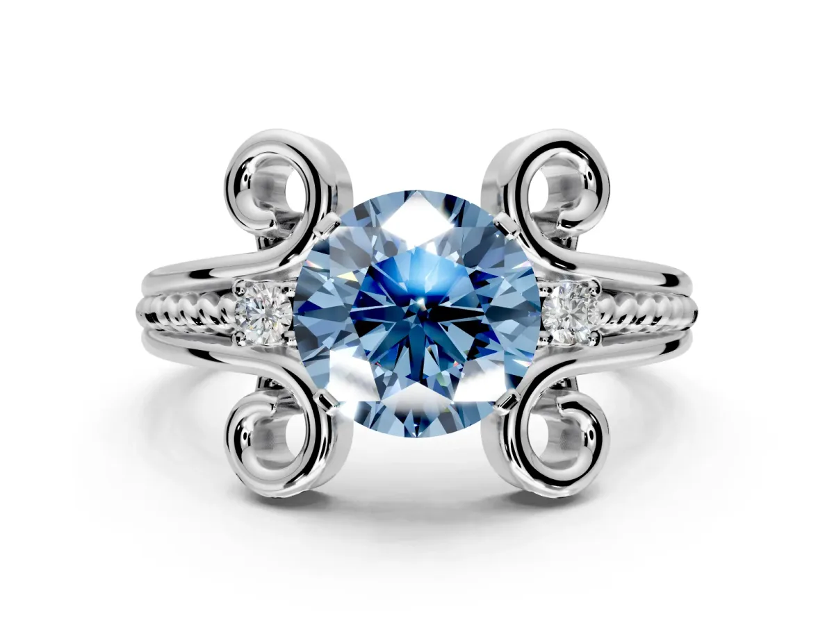 Solitaire Engagement Ring Setting for Fancy Blue Round Cut Center with Twisted Band and Scroll Prong Head in Platinum