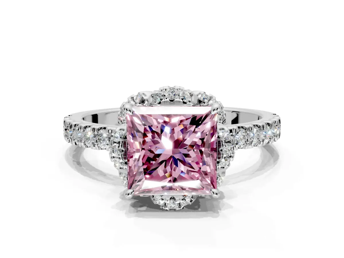 Halo Engagement Ring Setting for Fancy Pink Princess Cut Center with Openwork Halo, Pave Band and Prong Head in White Gold