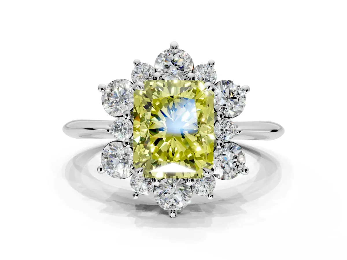Small-Accent Cluster Halo Engagement Ring Setting for Fancy Yellow Radiant Cut Center with Plain Band and Prong Head in Sterling Silver
