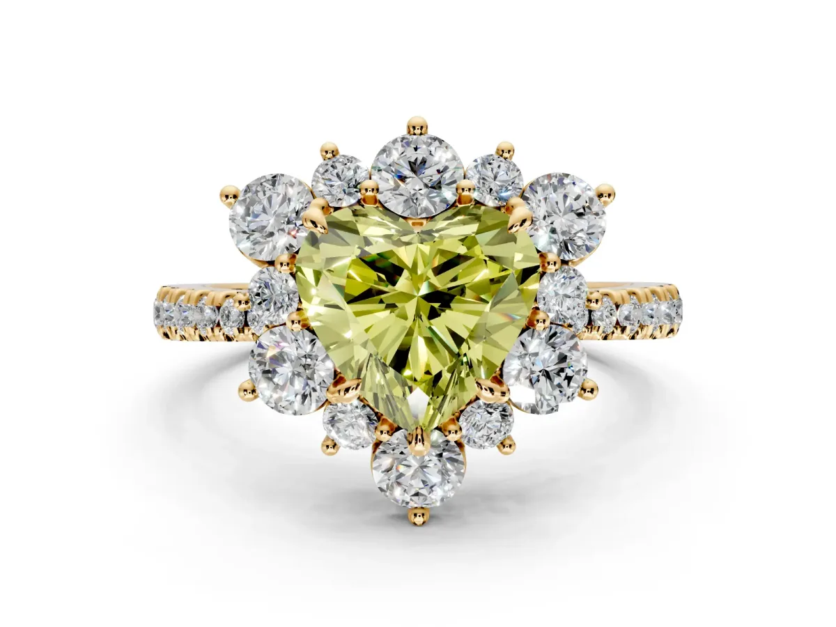 Floral Halo Engagement Ring Setting for Fancy Yellow Heart-Shaped Center with Pave Accents and Prong Head in Yellow Gold