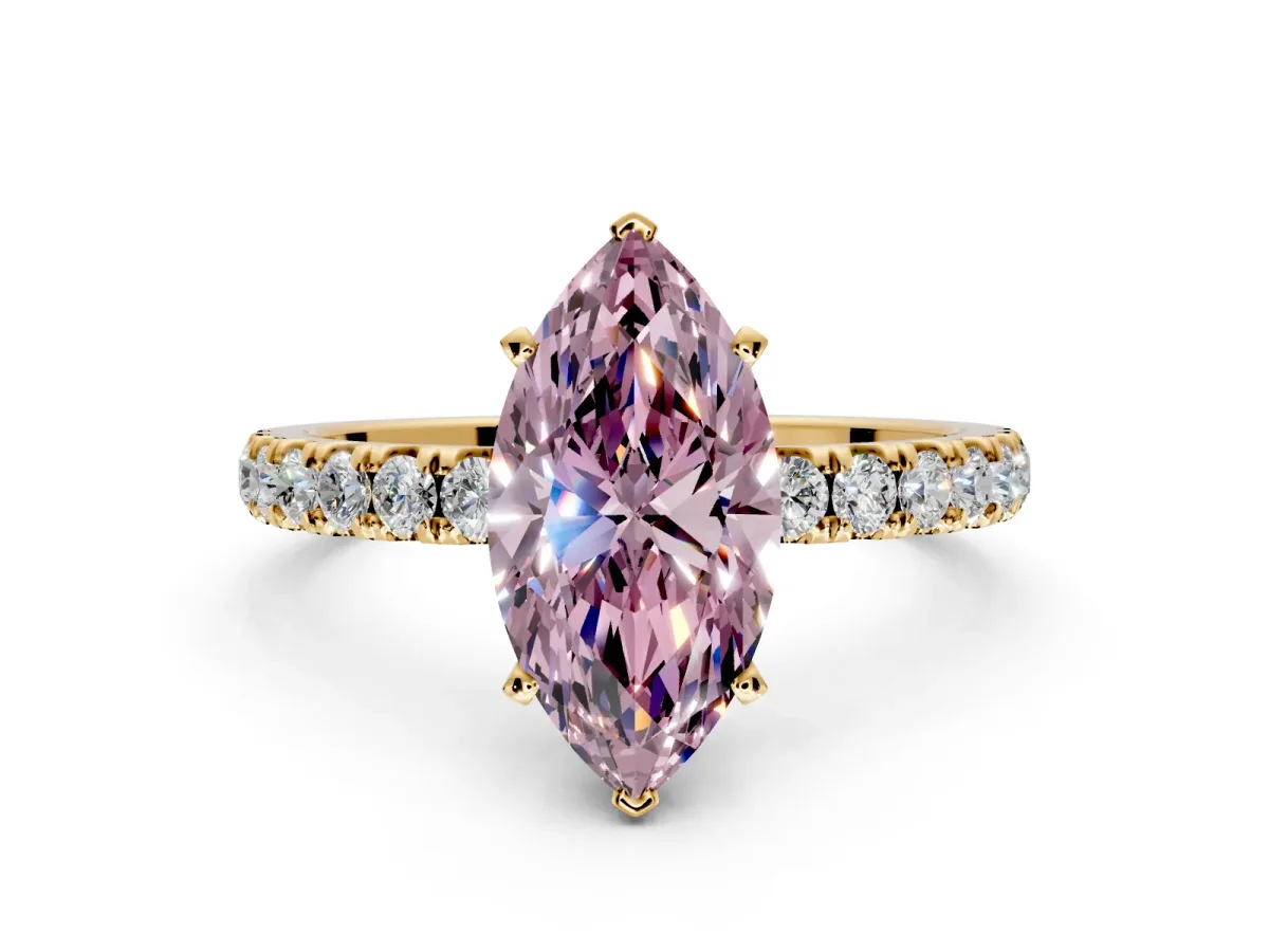 Open Basket Engagement Ring Setting for Fancy Pink Marquise Center with Pave Band and Prong Head in Yellow Gold