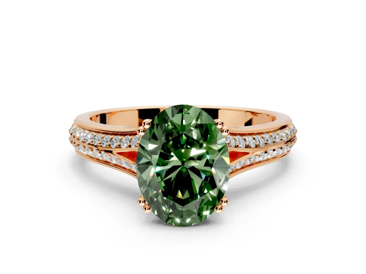 Solitaire Engagement Ring Setting for Fancy Green Oval Center with Pave Rail Split Shank and Prong Head in Rose Gold