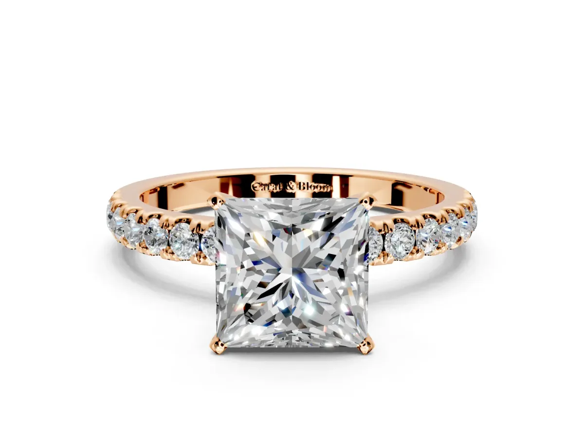 Open Basket Engagement Ring Setting for Princess Cut Center with Pave Band and Prong Head in Rose Gold