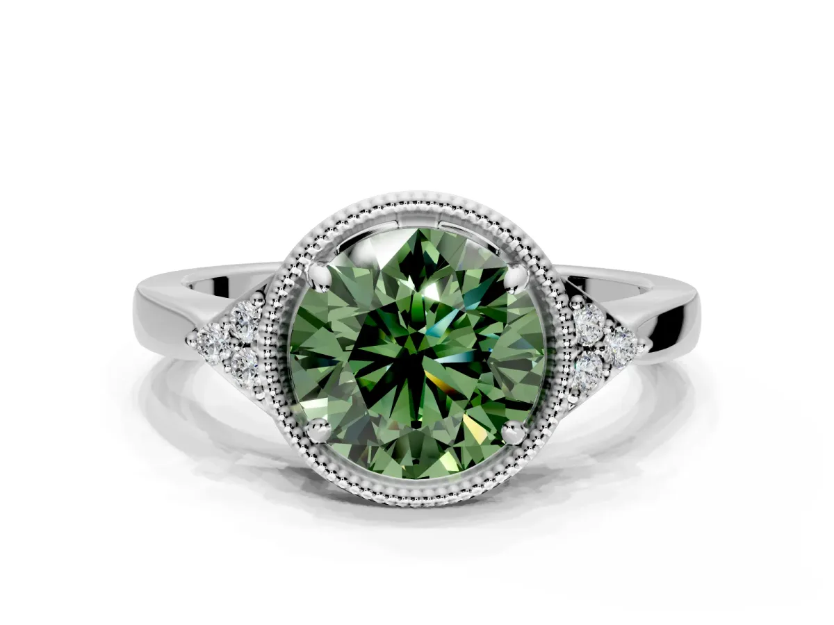 Cluster Engagement Ring Setting for Fancy Green Round Cut Center with Milgrain Shoulder Clusters and Prong Head in Platinum