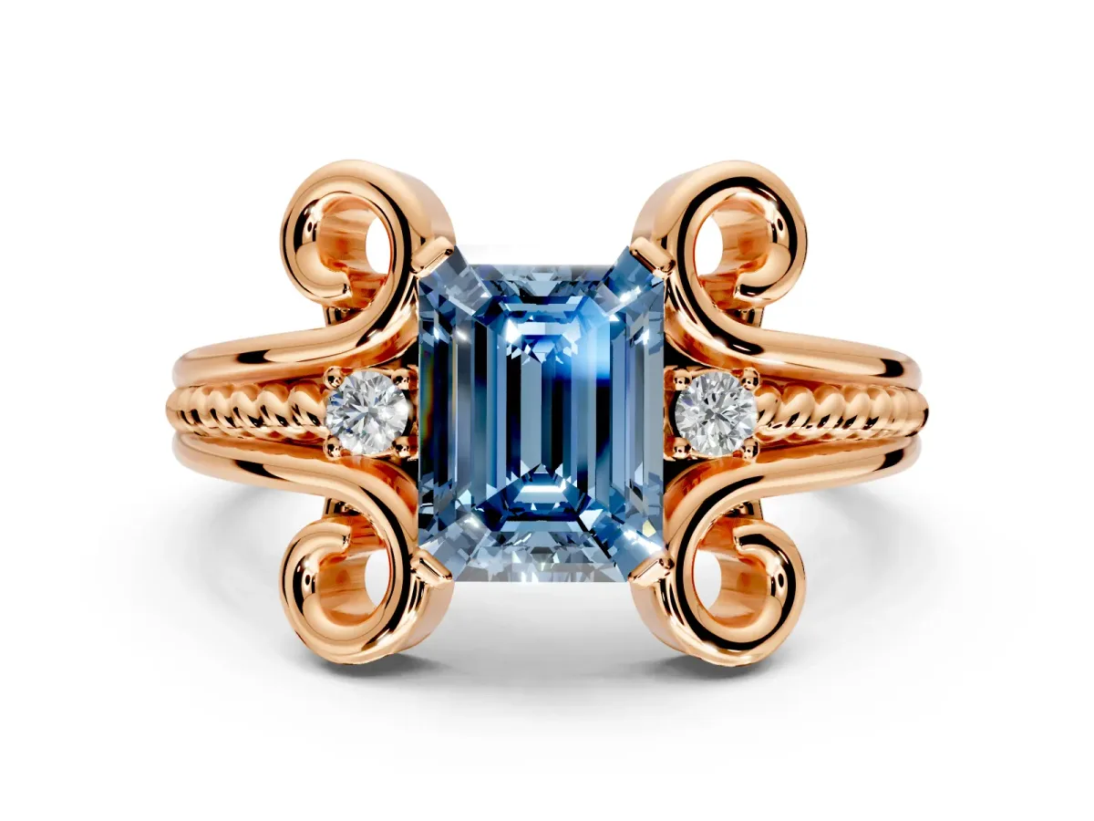 Solitaire Engagement Ring Setting for Fancy Blue Emerald Cut Center with Twisted Band and Scroll Prong Head in Rose Gold