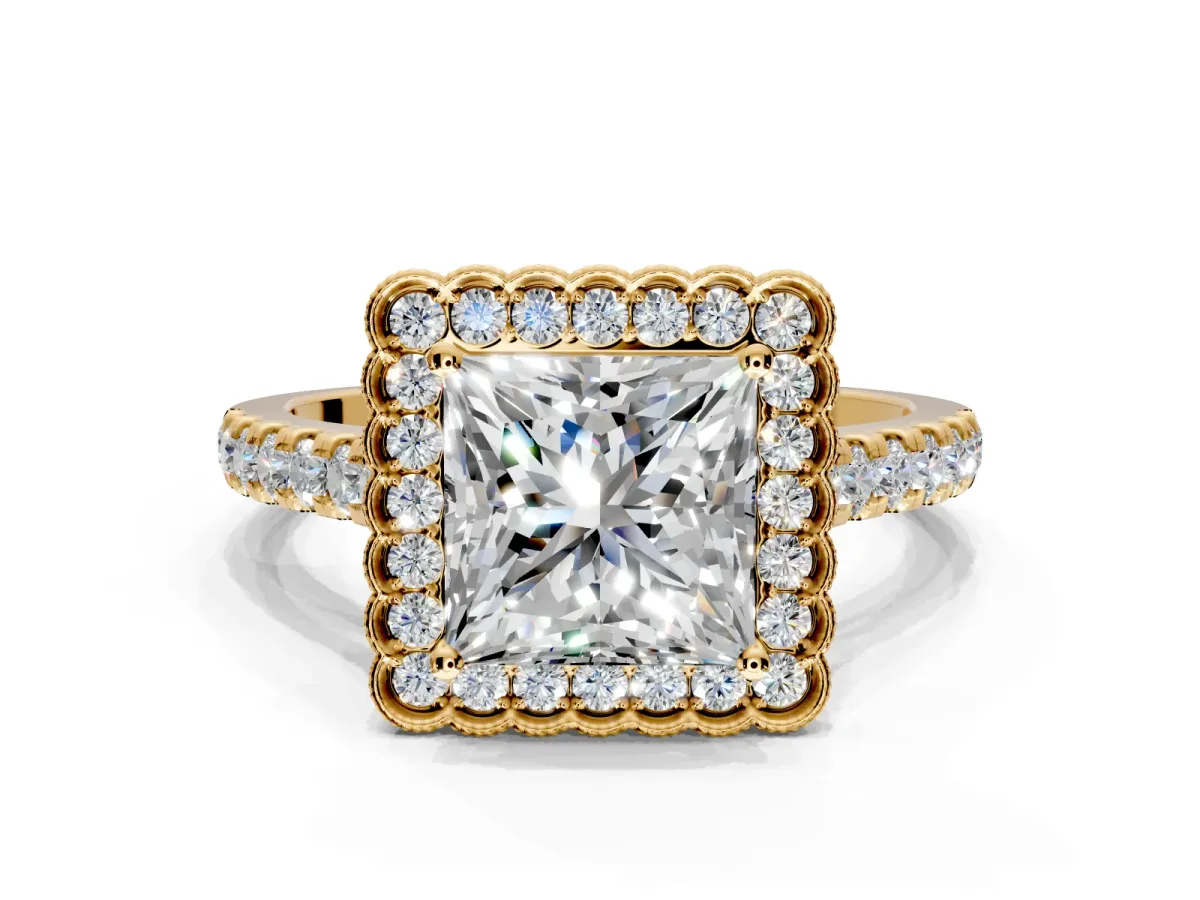 Milgrain Floral Halo Engagement Ring Setting for Princess Cut Center with Pave Band and Prong Head in Yellow Gold
