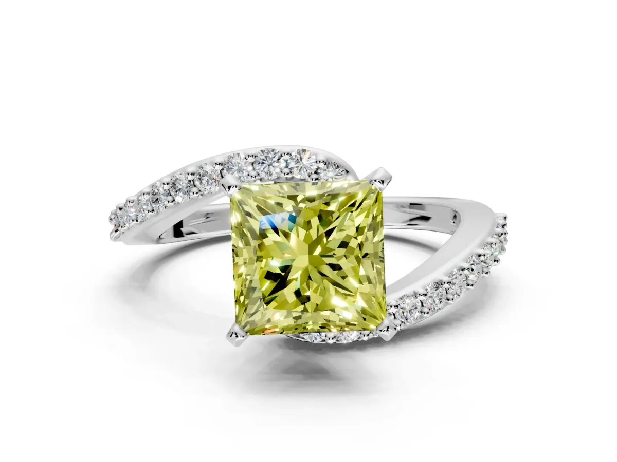 Solitaire Engagement Ring Setting for Fancy Yellow Princess Cut Center with Pave Bypass Swirl Band and Prong Head in Sterling Silver