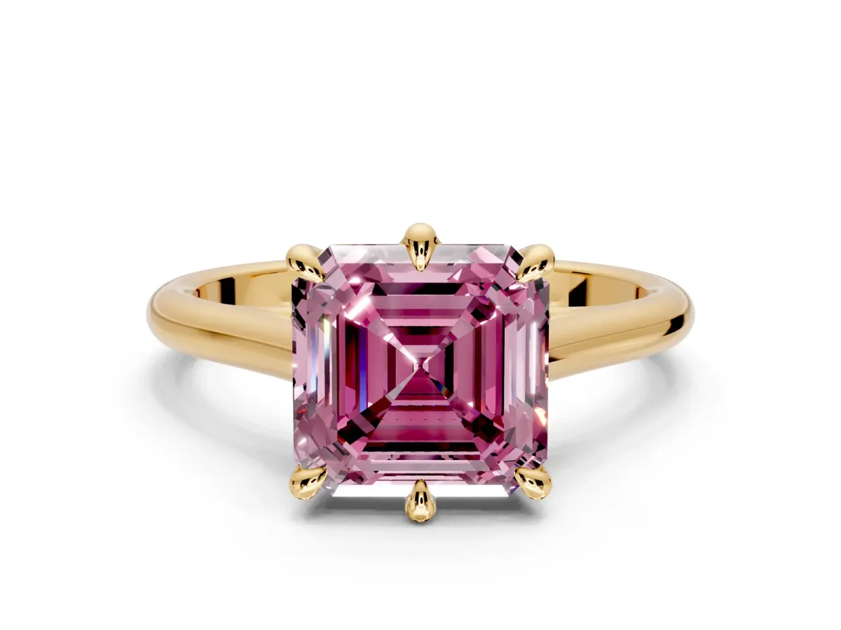 Solitaire Engagement Ring Setting for Fancy Pink Asscher Cut Center with Cathedral Band and Prong Head in Yellow Gold