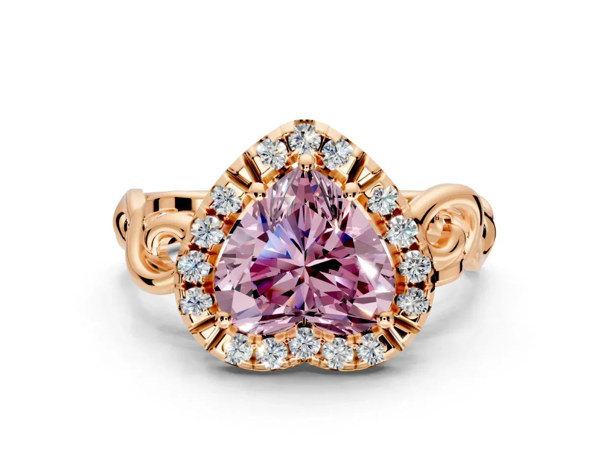 Halo Engagement Ring Setting for Fancy Pink Heart-Shaped Center with Open Scroll Shoulders and Prong Head in Rose Gold