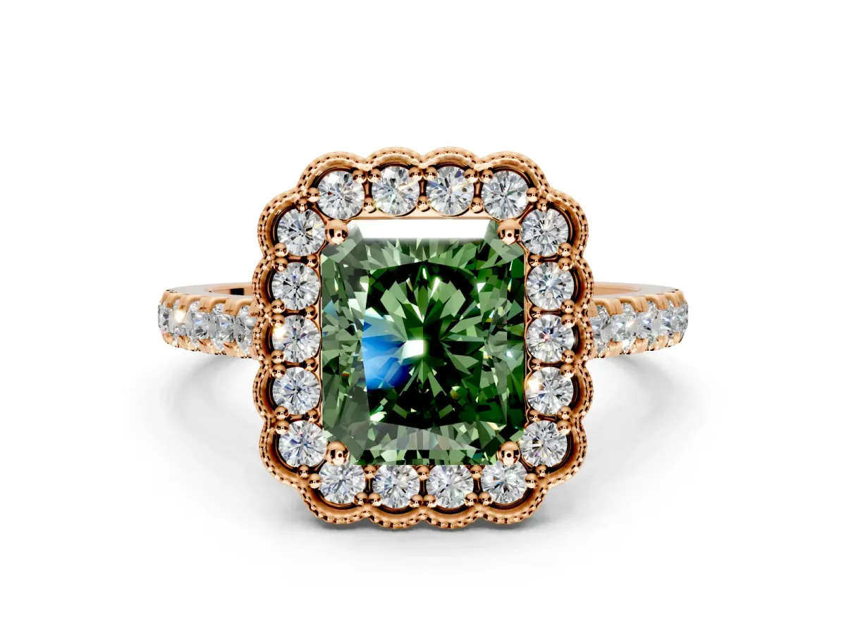Milgrain Floral Halo Engagement Ring Setting for Fancy Green Radiant Cut Center with Pave Band and Prong Head in Rose Gold