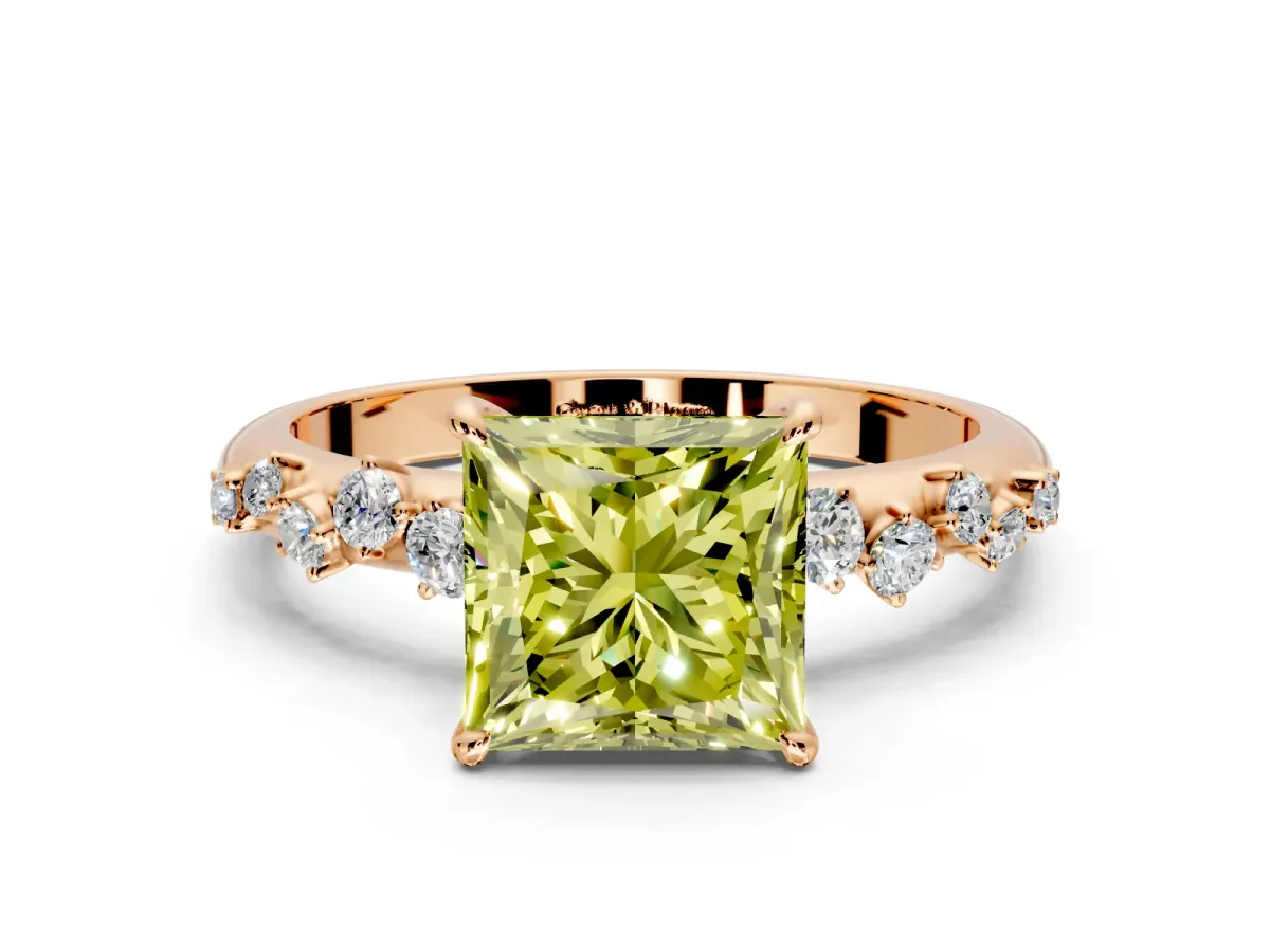 Cluster Engagement Ring Setting for Fancy Yellow Princess Cut Center with Round Cut Accent Band and Prong Head in Rose Gold