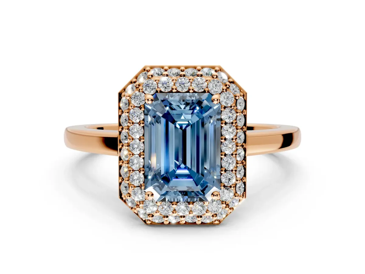 Halo Engagement Ring Setting for Fancy Blue Emerald Cut Center with Plain Tapered Band and Prong Head in Rose Gold