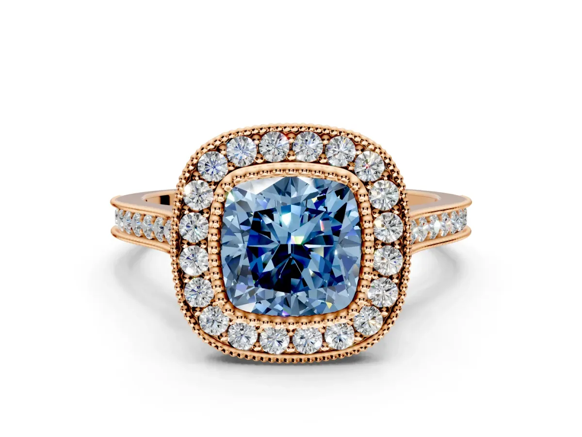 Halo Engagement Ring Setting for Fancy Blue Cushion Cut Center with Milgrain Frame, Pave Band and Prong Head in Rose Gold