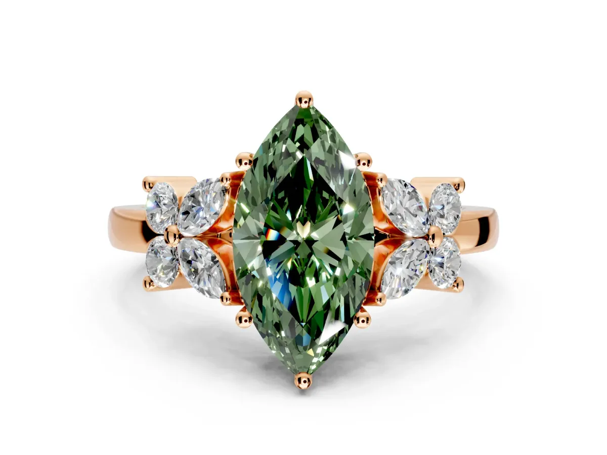 Floral Engagement Ring Setting for Fancy Green Marquise Center with Marquise Cluster Shoulders and Prong Head in Rose Gold