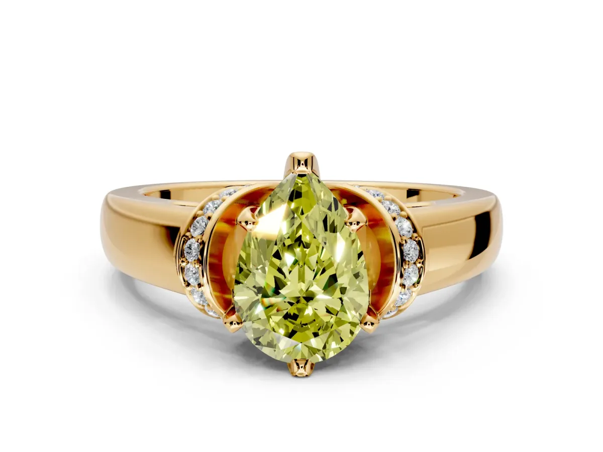 Solitaire Engagement Ring Setting for Fancy Yellow Pear-Shaped Center with Wide Band, Pave Collar and Prong Head in Yellow Gold