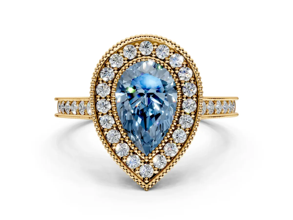 Halo Engagement Ring Setting for Fancy Blue Pear-Shaped Center with Milgrain Pave Band and Bezel Head in Yellow Gold