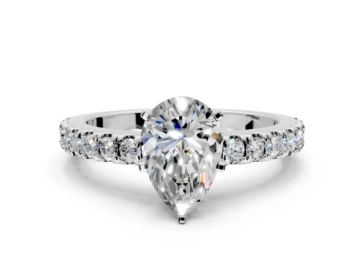 Solitaire Engagement Ring Setting for Pear-Shaped Center with Single Row Accent Band and Prong Head in Platinum