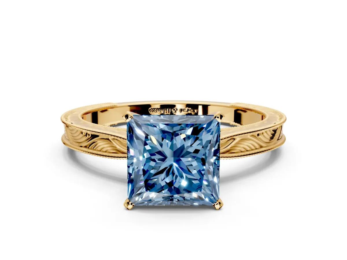 Solitaire Engagement Ring Setting for Fancy Blue Princess Cut Center with Engraved Milgrain Band and Prong Head in Yellow Gold