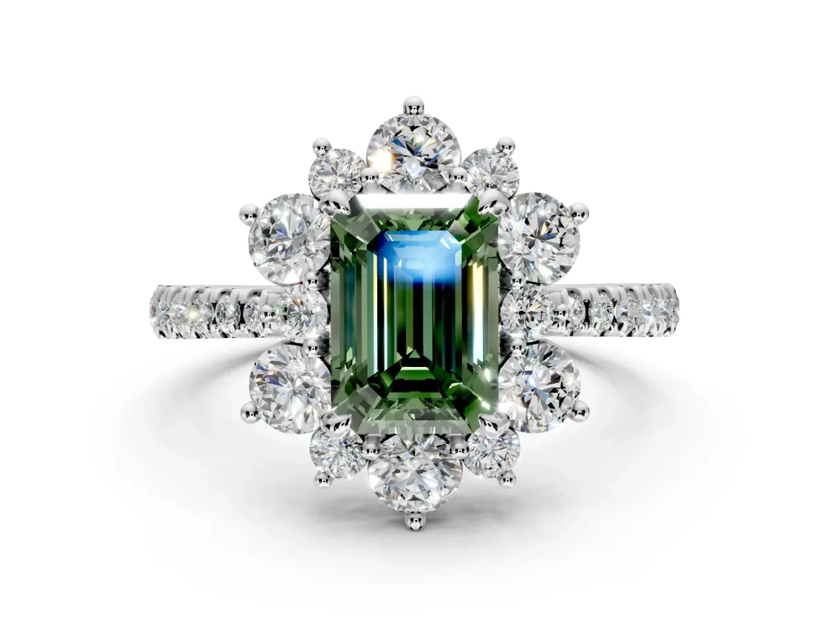 Floral Halo Engagement Ring Setting for Fancy Green Emerald Cut Center with Pave Accents and Prong Head in Sterling Silver