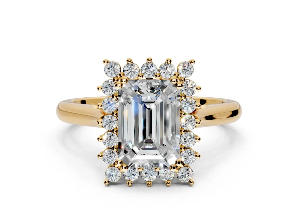 Starburst Halo Engagement Ring Setting for Emerald Cut Center with Thin Round-Wire Band and Prong Head in Yellow Gold