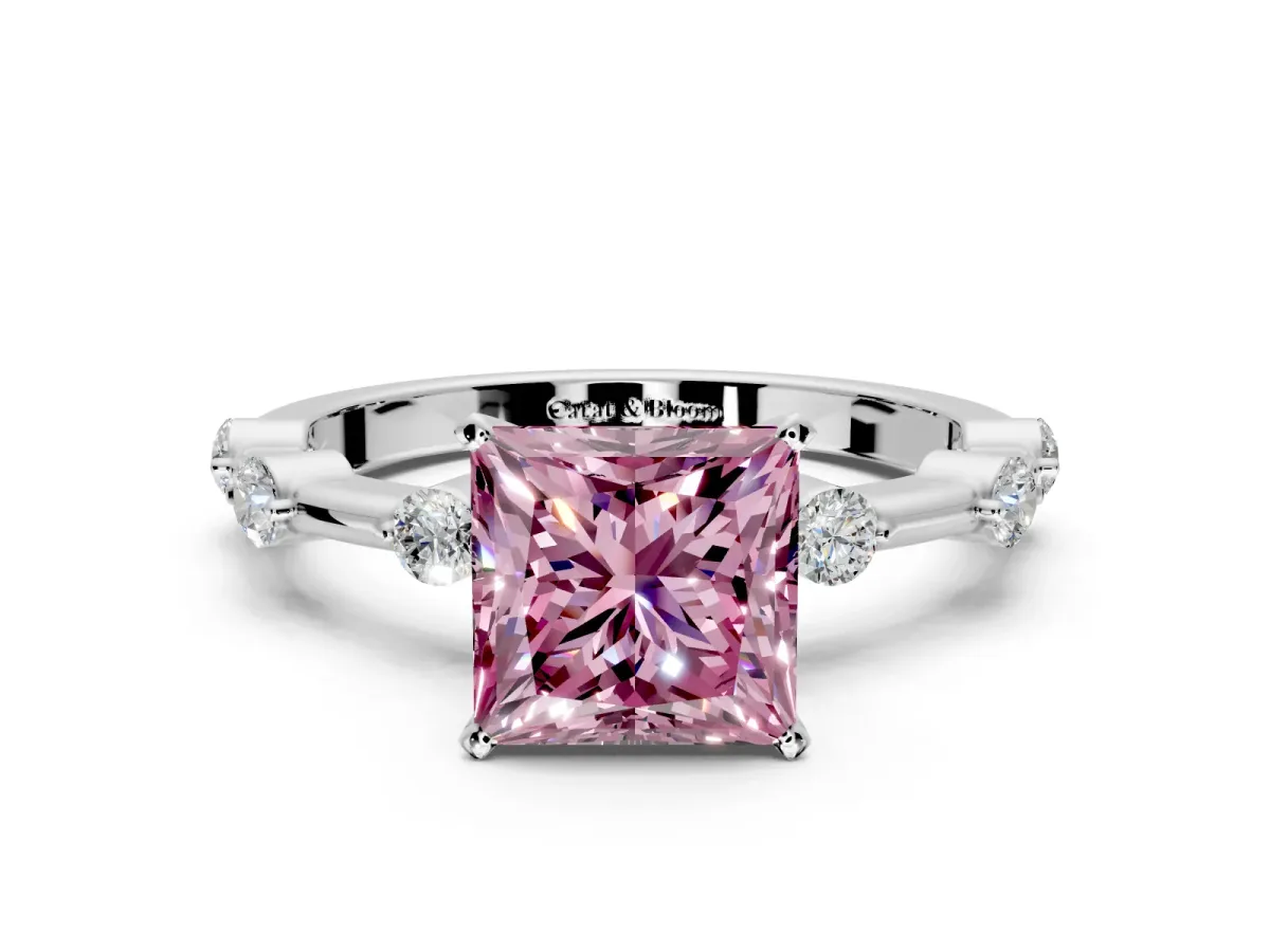 Solitaire Engagement Ring Setting for Fancy Pink Princess Cut Center with Bezel Station Band and Prong Head in Platinum