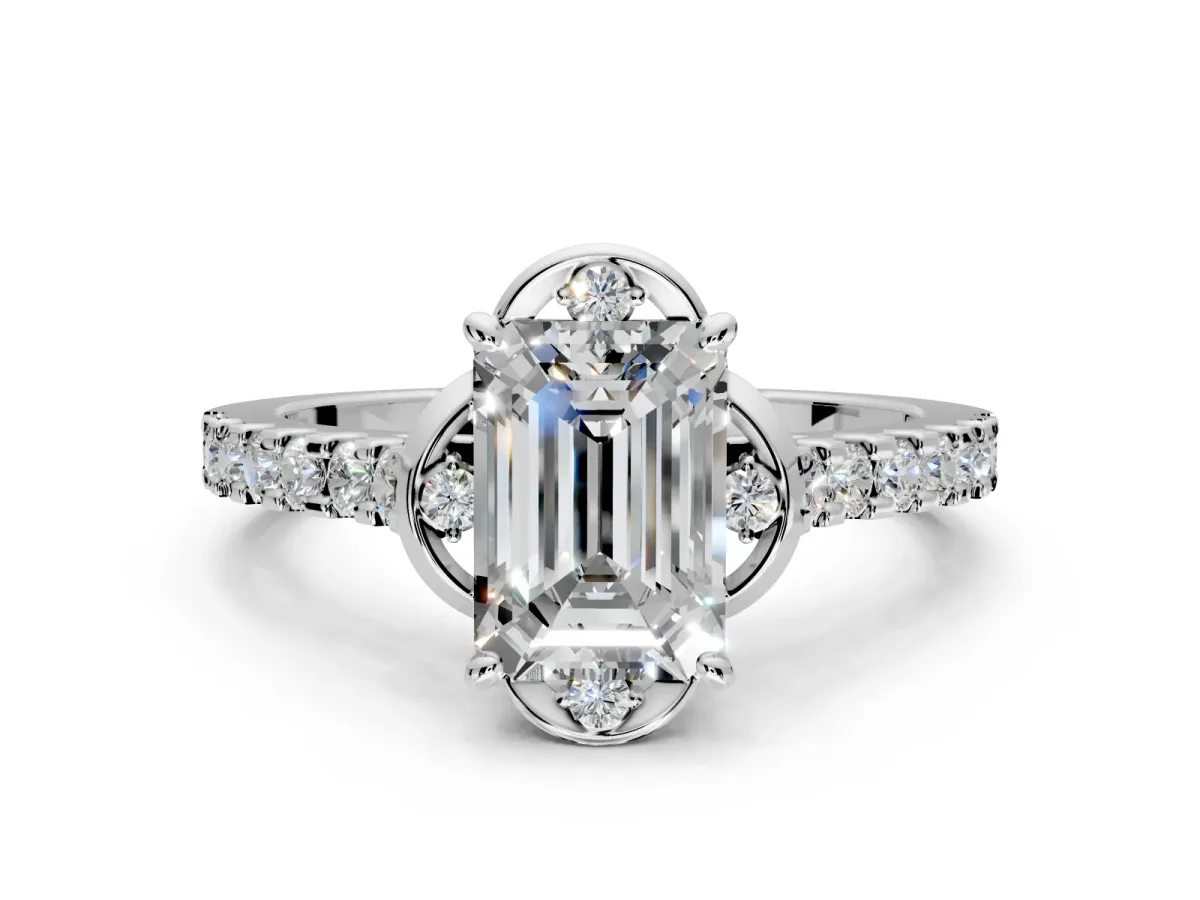 Floral Engagement Ring Setting for Emerald Cut Center with Pave Band and Floral Prong Head in Platinum