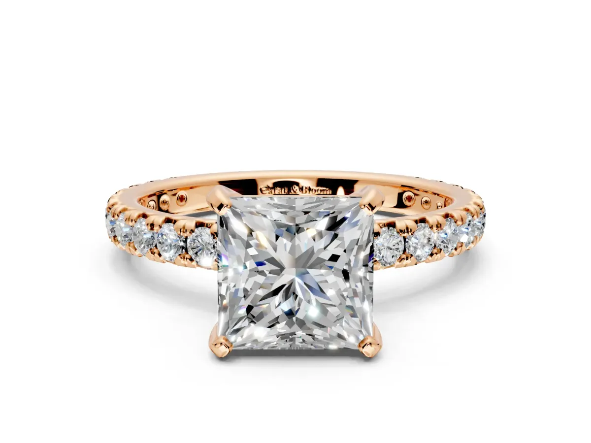 Solitaire Engagement Ring Setting for Princess Cut Center with Shared-Prong Accents and Prong Head in Rose Gold