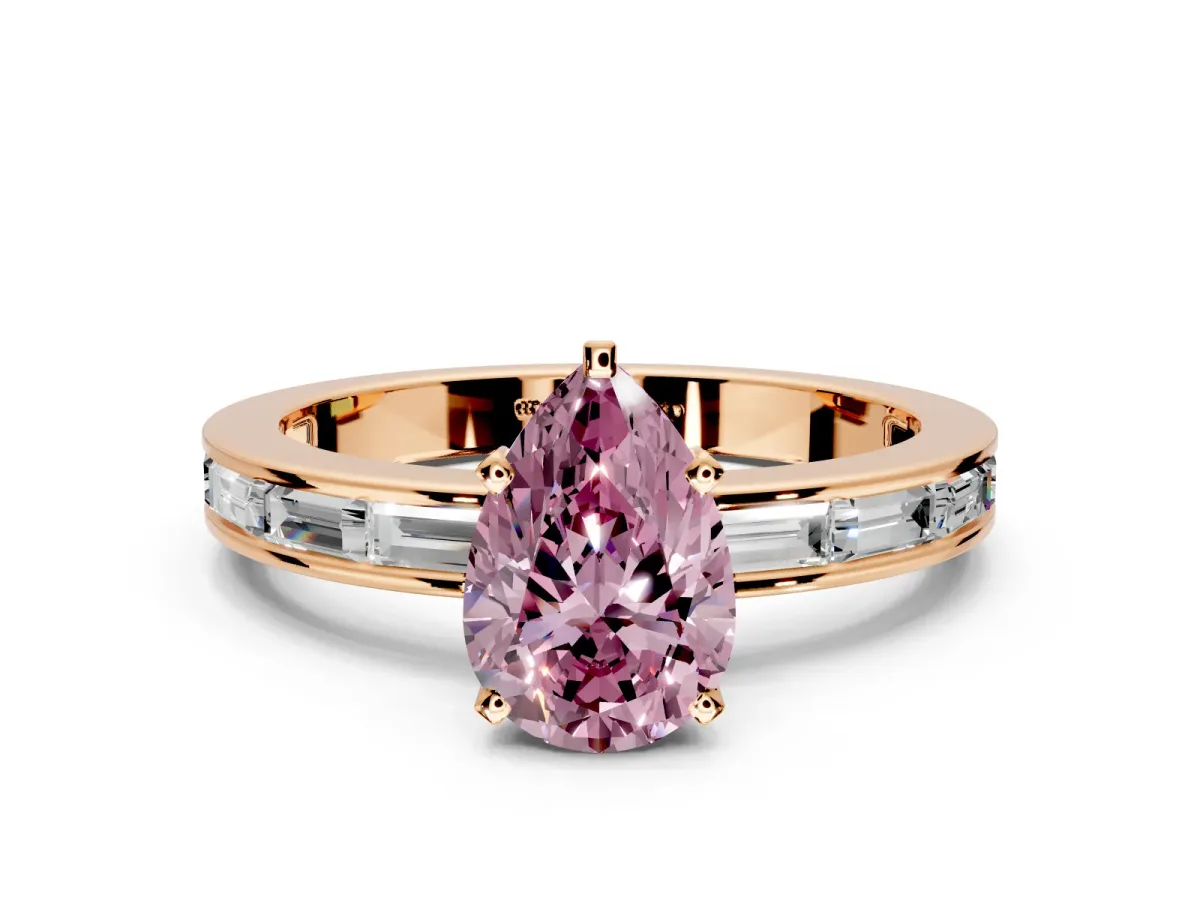 Solitaire Engagement Ring Setting for Fancy Pink Pear-Shaped Center with Channel Baguette Band and Prong Head in Rose Gold
