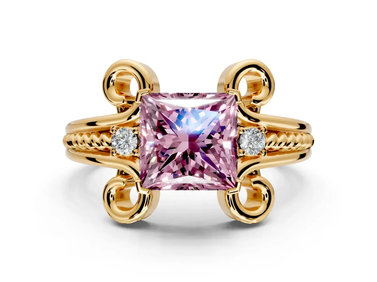 Solitaire Engagement Ring Setting for Fancy Pink Princess Cut Center with Twisted Band and Scroll Prong Head in Yellow Gold