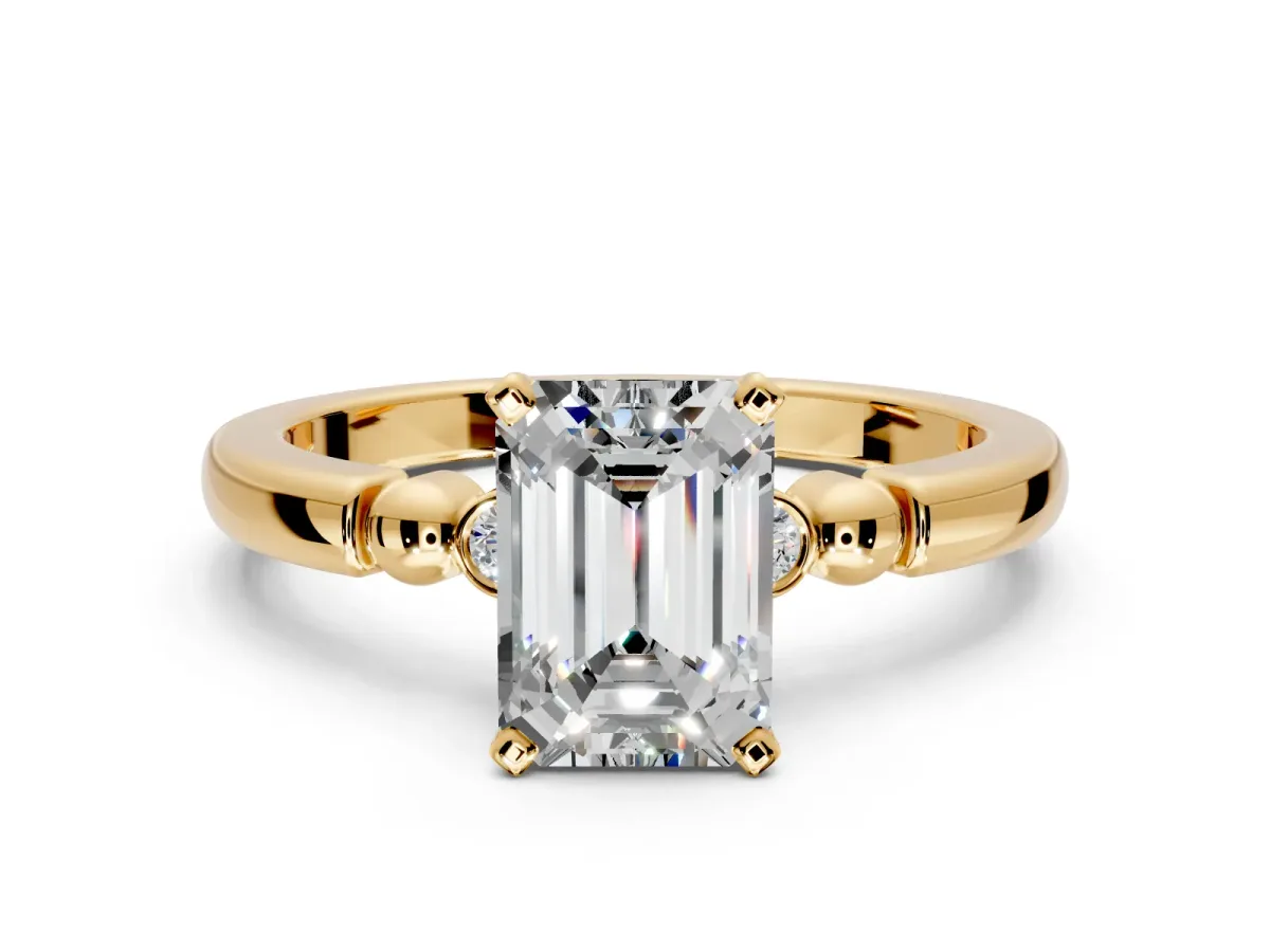Solitaire Engagement Ring Setting for Emerald Cut Center with Beaded Shoulders and Prong Head in Yellow Gold