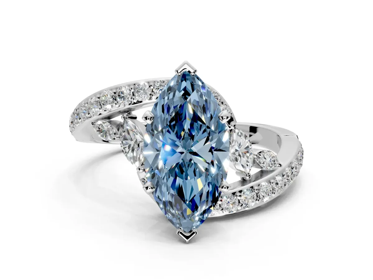 Solitaire Engagement Ring Setting for Fancy Blue Marquise Center with Pave Bypass Twist Band and Prong Head in Sterling Silver