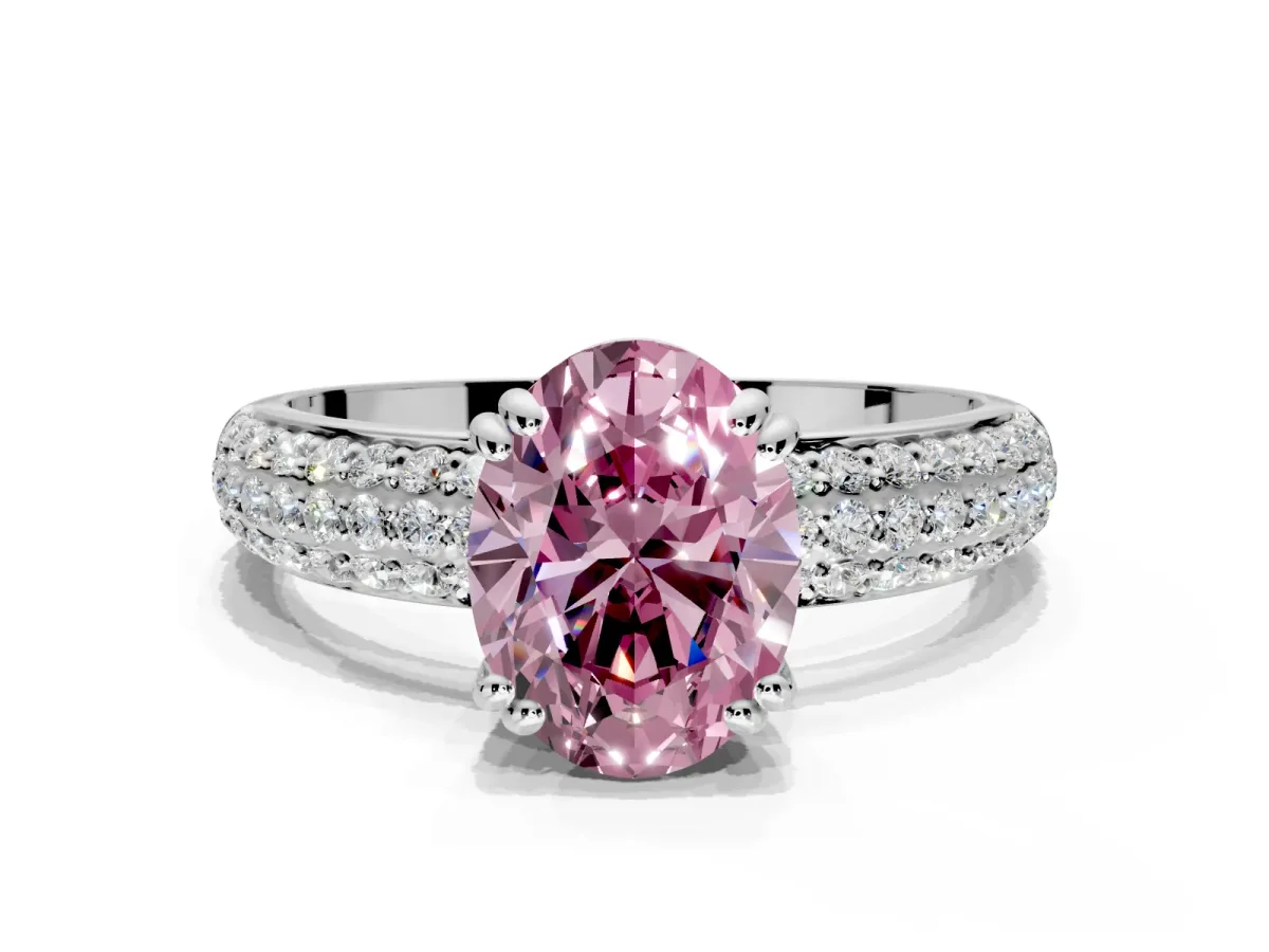 Solitaire Engagement Ring Setting for Fancy Pink Oval Center with Multi-Row Pave Accents and Basket Head in White Gold