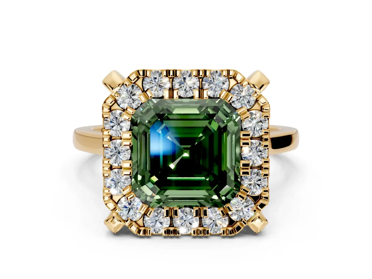Single Halo Engagement Ring Setting for Fancy Green Asscher Cut Center with Corner Claws, Plain Band and Prong Head in Yellow Gold
