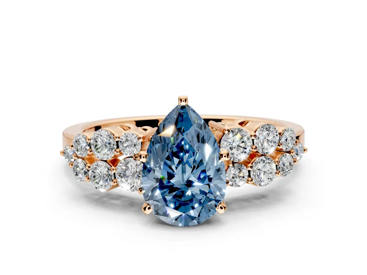 Cluster Engagement Ring Setting for Fancy Blue Pear-Shaped Center with 2-Row Shoulder Clusters and Prong Head in Rose Gold
