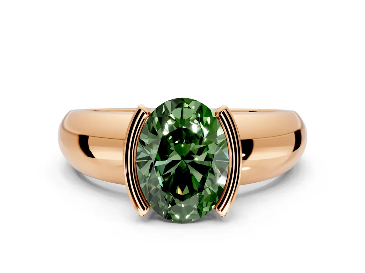 Tension Engagement Ring Setting for Fancy Green Oval Center with Wide Flat Band and Tension Head in Rose Gold