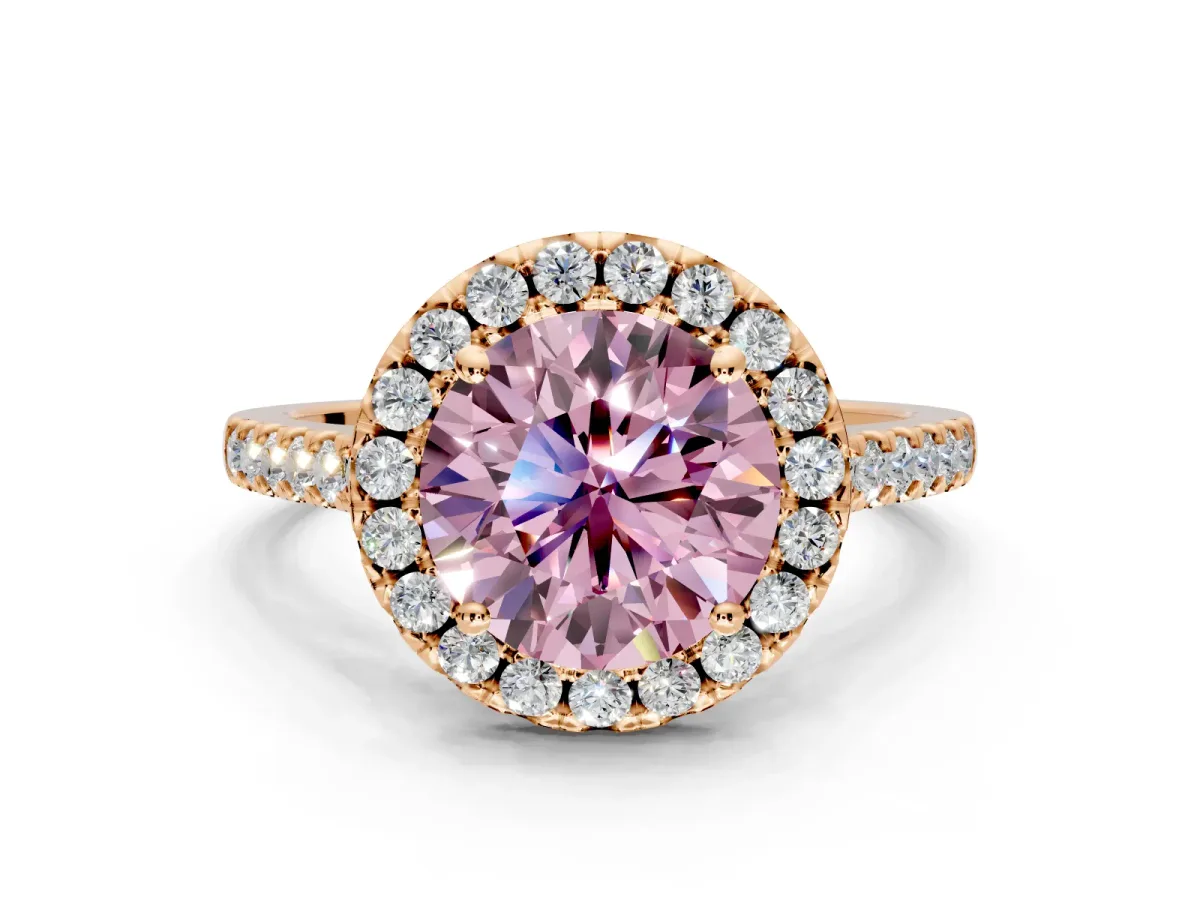 Halo Engagement Ring Setting for Fancy Pink Round Cut Center with Raised Halo, Pave Band and Prong Head in Rose Gold