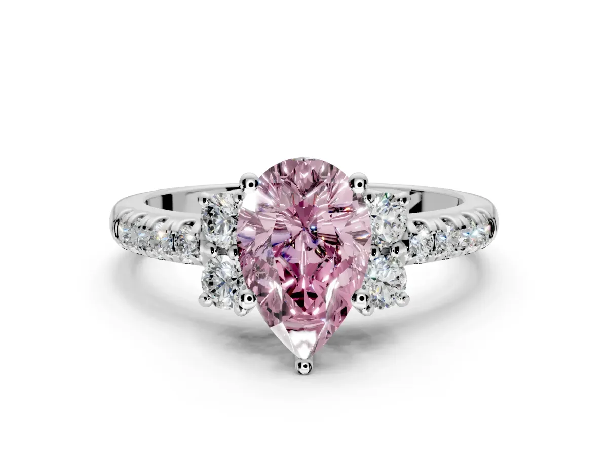 Paired Accent Engagement Ring Setting for Fancy Pink Pear-Shaped Center with Pave Band and Prong Head in Sterling Silver