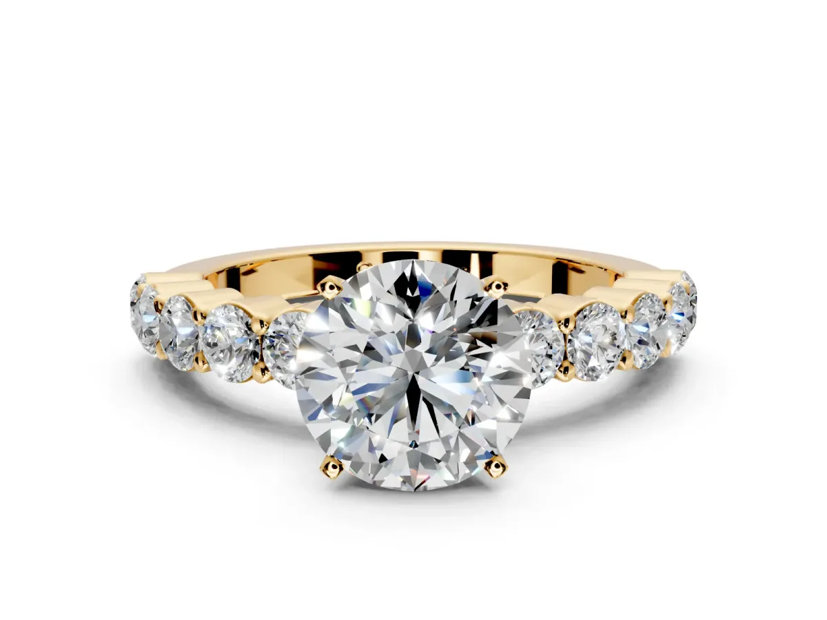 Shared-Prong Engagement Ring Setting for Round Cut Center with Graduated Accents and Prong Head in Yellow Gold