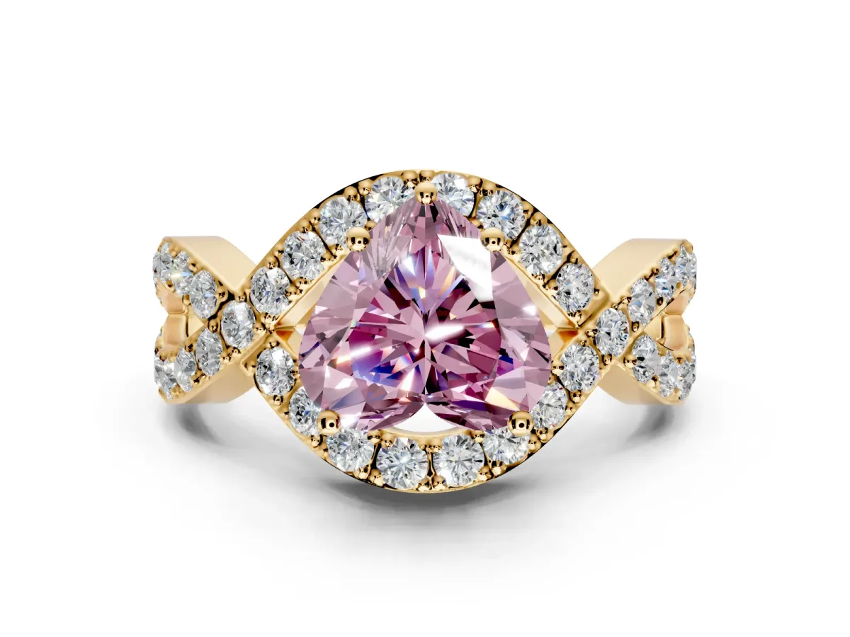 Halo Engagement Ring Setting for Fancy Pink Heart-Shaped Center with Pave Infinity Twist Band and Prong Head in Yellow Gold