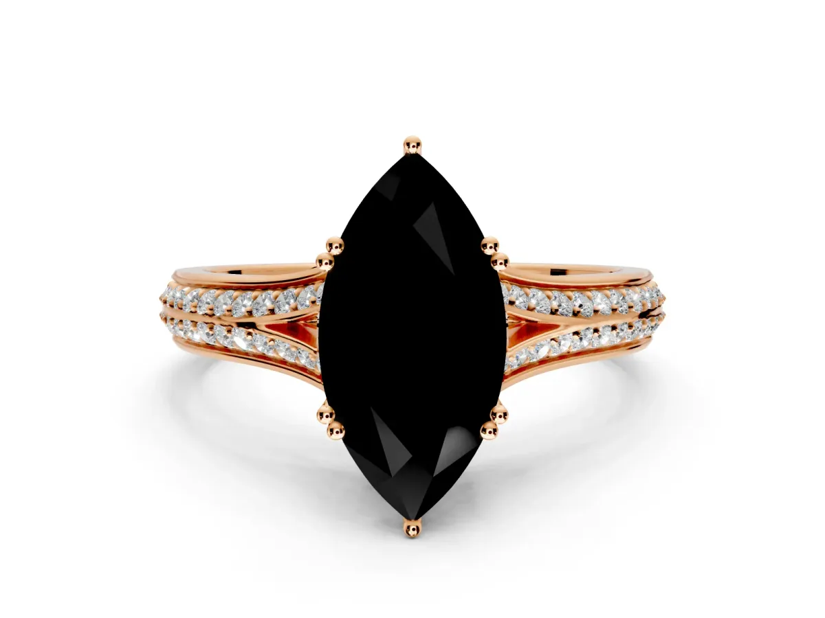Solitaire Engagement Ring Setting for Fancy Black Marquise Center with Pave Rail Split Shank and Prong Head in Rose Gold
