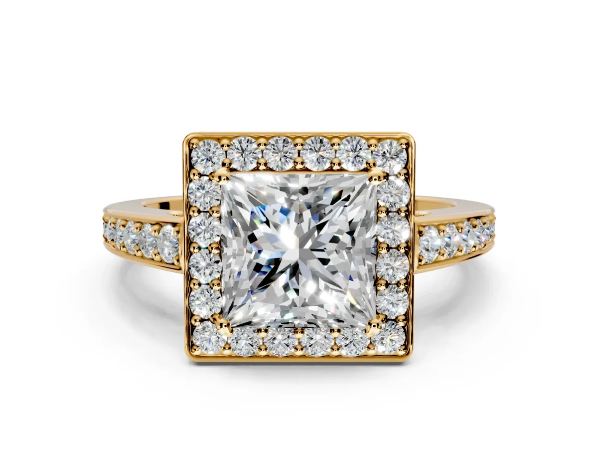 Bezel-Framed Halo Engagement Ring Setting for Princess Cut Center with Pave Band and Prong Head in Yellow Gold